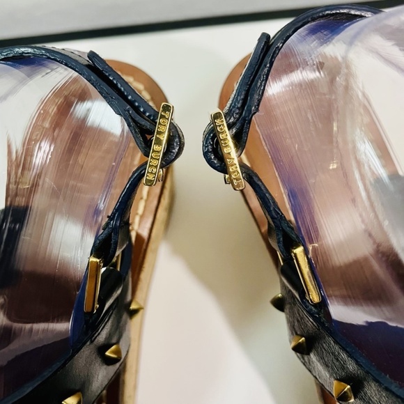 Tory Burch Dale Cork Wedge Size 8M Gold Spike Leather Thong Sandals - Picture 7 of 10